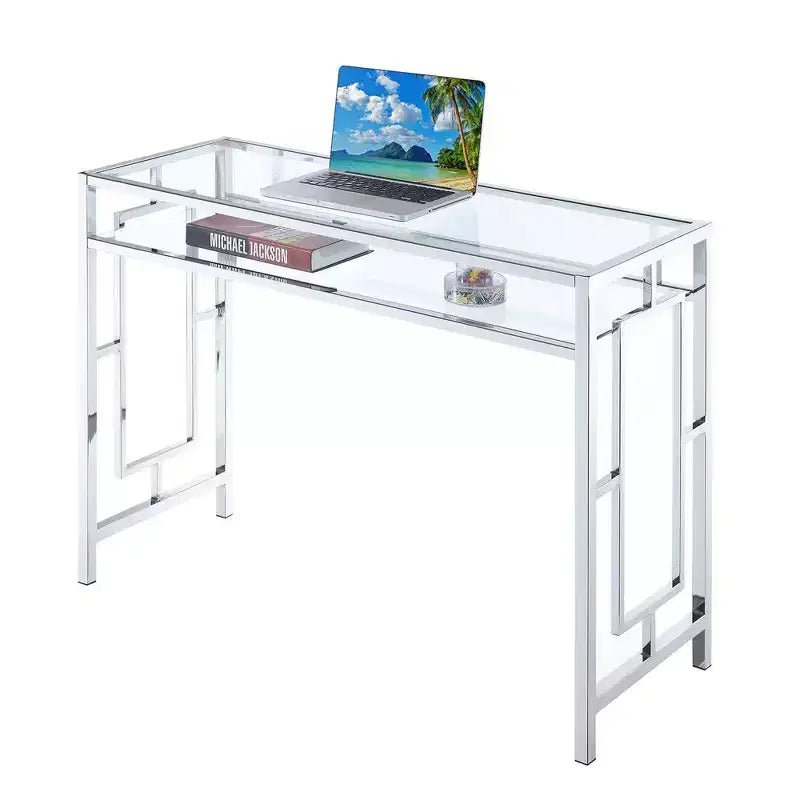 Bureau chromé Town Square avec étagère - Breighton Home : Verre trempé, Bureau, Rangement pour dortoir