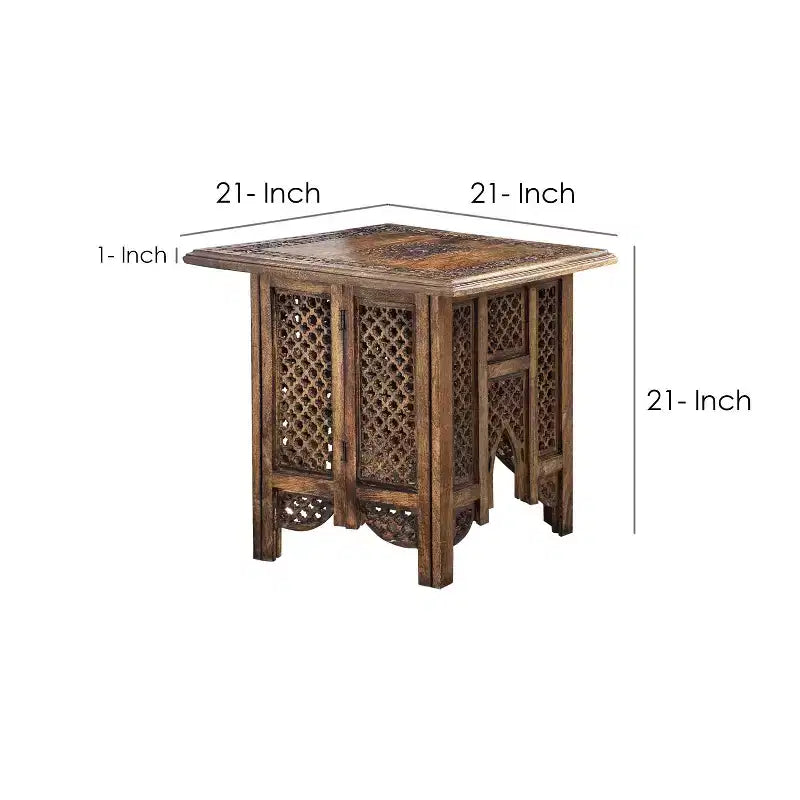 Table d'appoint pliante Boho Urban Port 21 po avec panneaux sculptés de fleurs et pieds en noyer/bois naturel