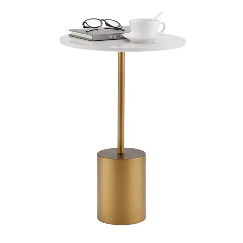 Danya B. Fritz Table d'appoint piédestal Mid-Century Modern avec plateau en marbre blanc/or