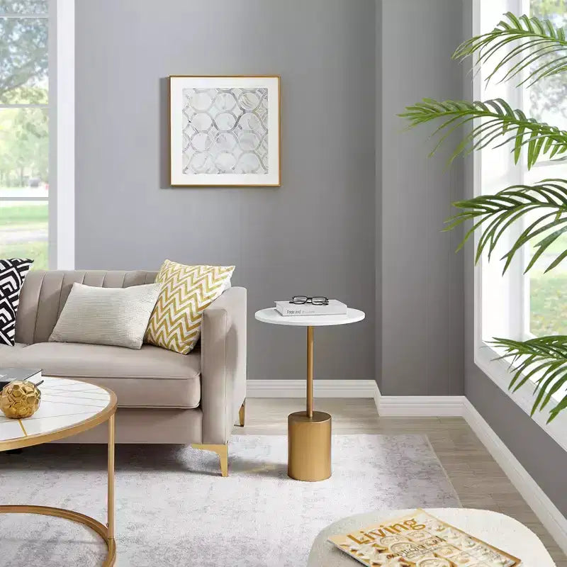 Danya B. Fritz Table d'appoint piédestal Mid-Century Modern avec plateau en marbre blanc/or