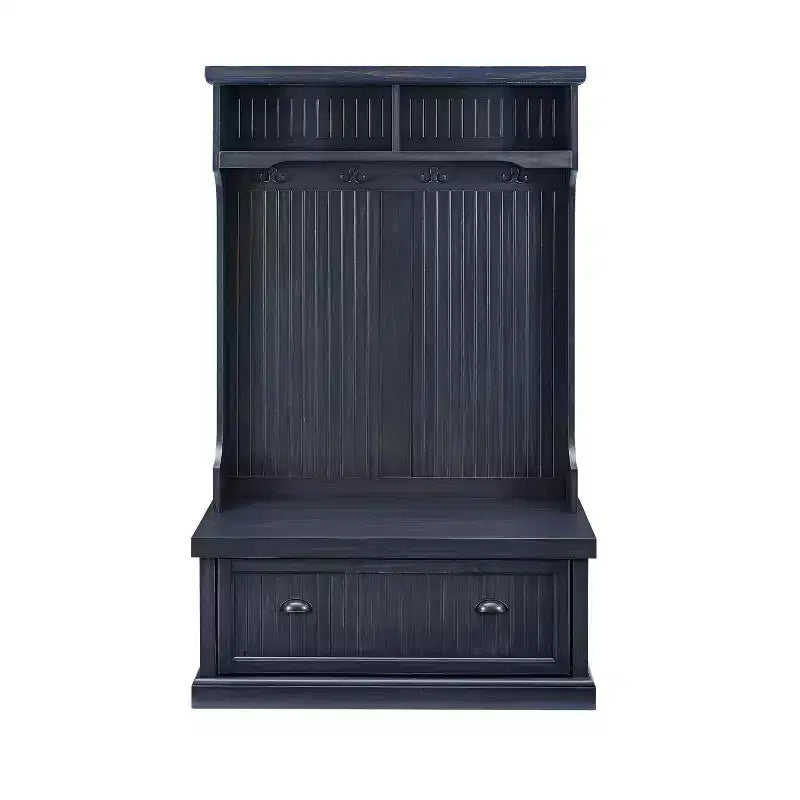 Crosley Seaside Hall Tree Marine vieilli : Meuble d'entrée côtier avec patères de rangement, cadre en bois dur