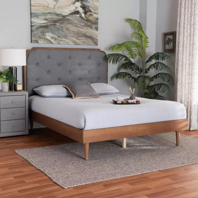 Lit plateforme Baxton Studio King Garron en tissu et bois gris/noyer brun