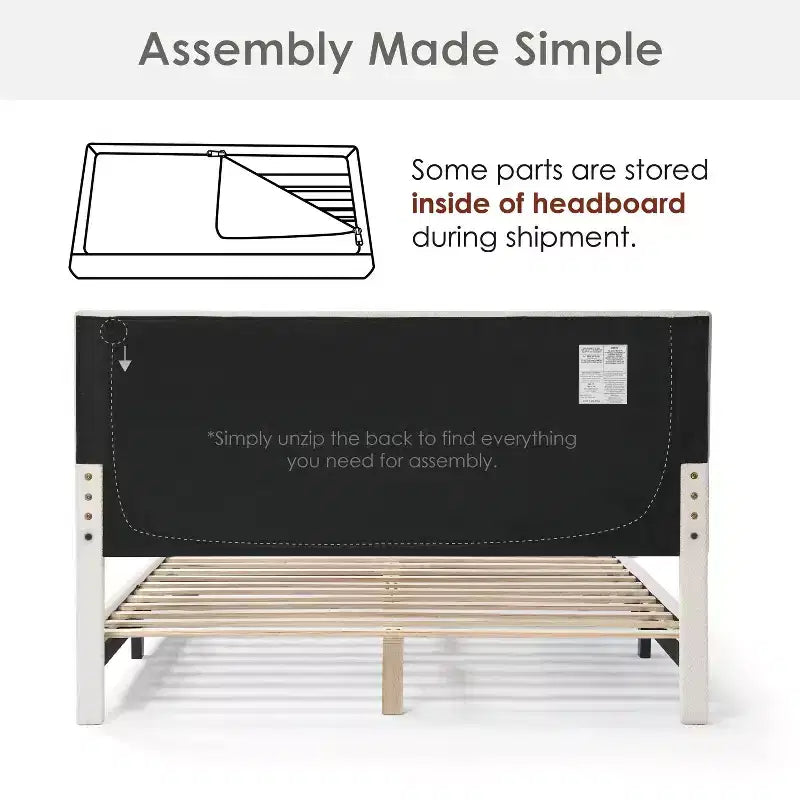 24/7 Shop At Home Lit plateforme avec tête de lit capitonnée Queen Heartwild Modern Boucle : Finition lisse et cadre en bois