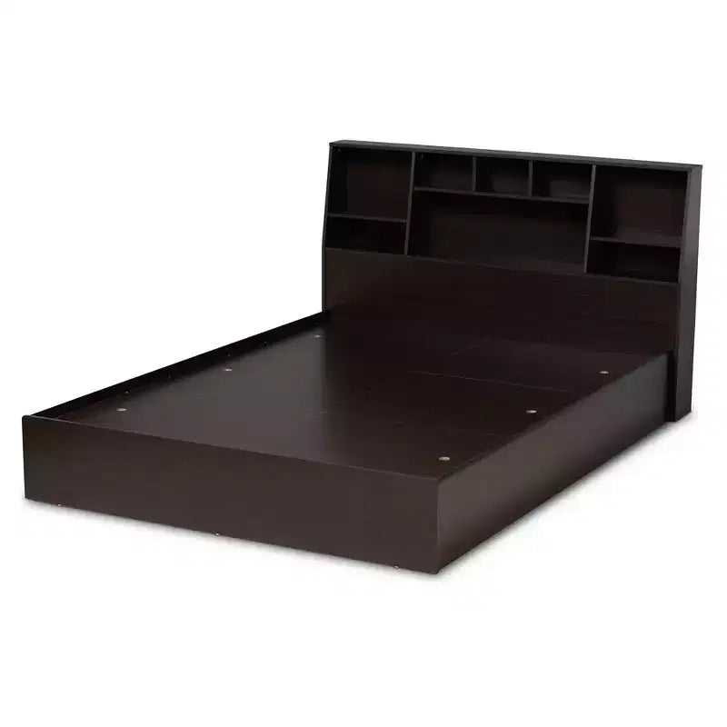 Lit plateforme de rangement Queen Geoffrey Wood avec étagères marron foncé - Baxton Studio : Design moderne, pas besoin de sommier tapissier