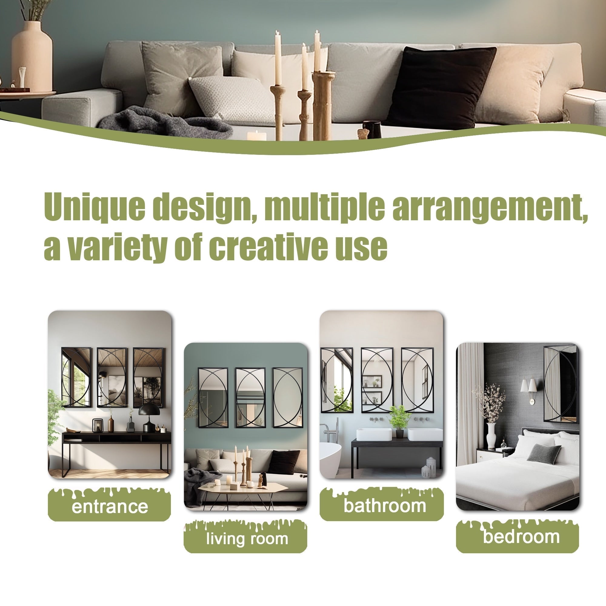 Lot de 3 miroirs muraux rectangulaires en métal noir - 31,9 H x 15,75 L x 0,75 P