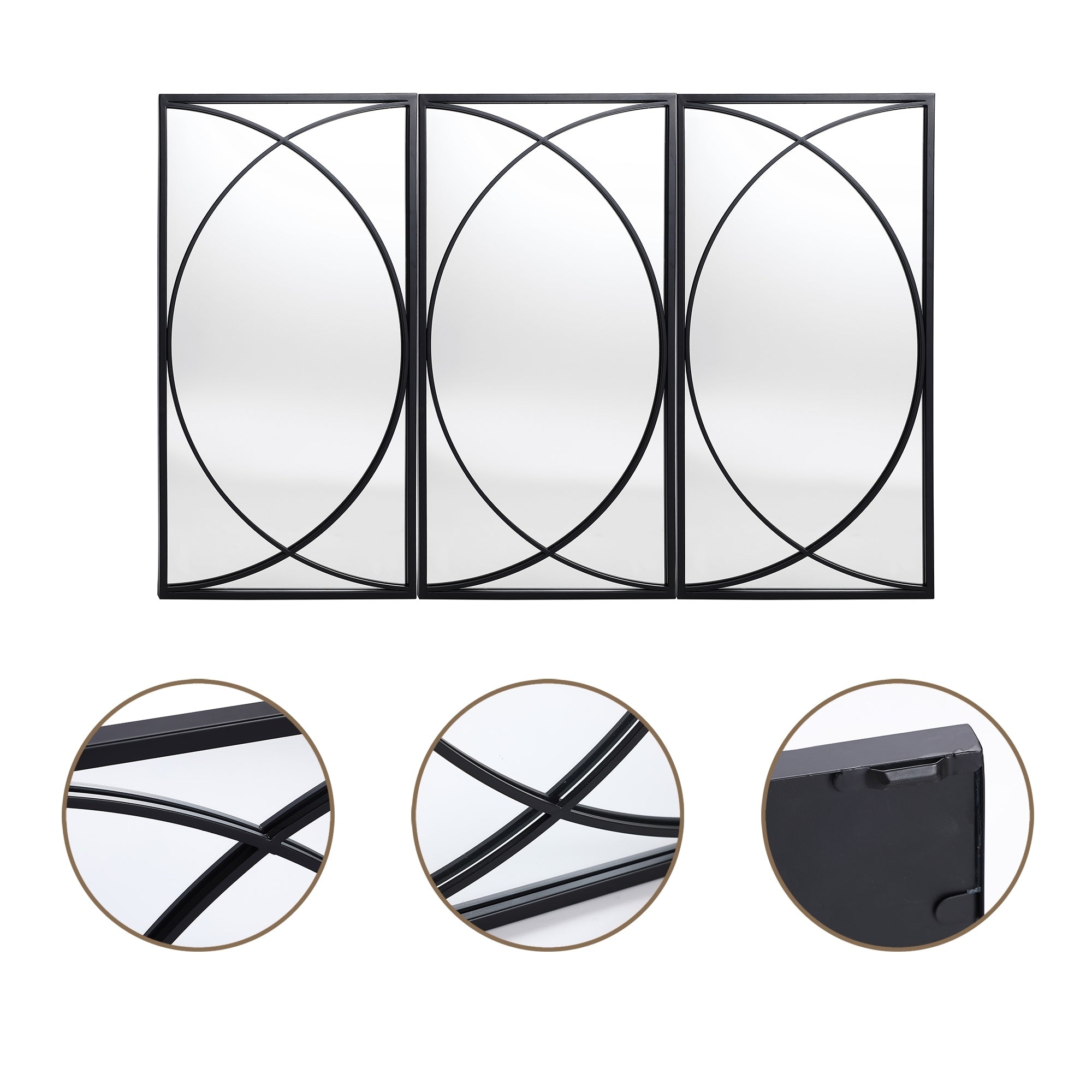 Lot de 3 miroirs muraux rectangulaires en métal noir - 31,9 H x 15,75 L x 0,75 P