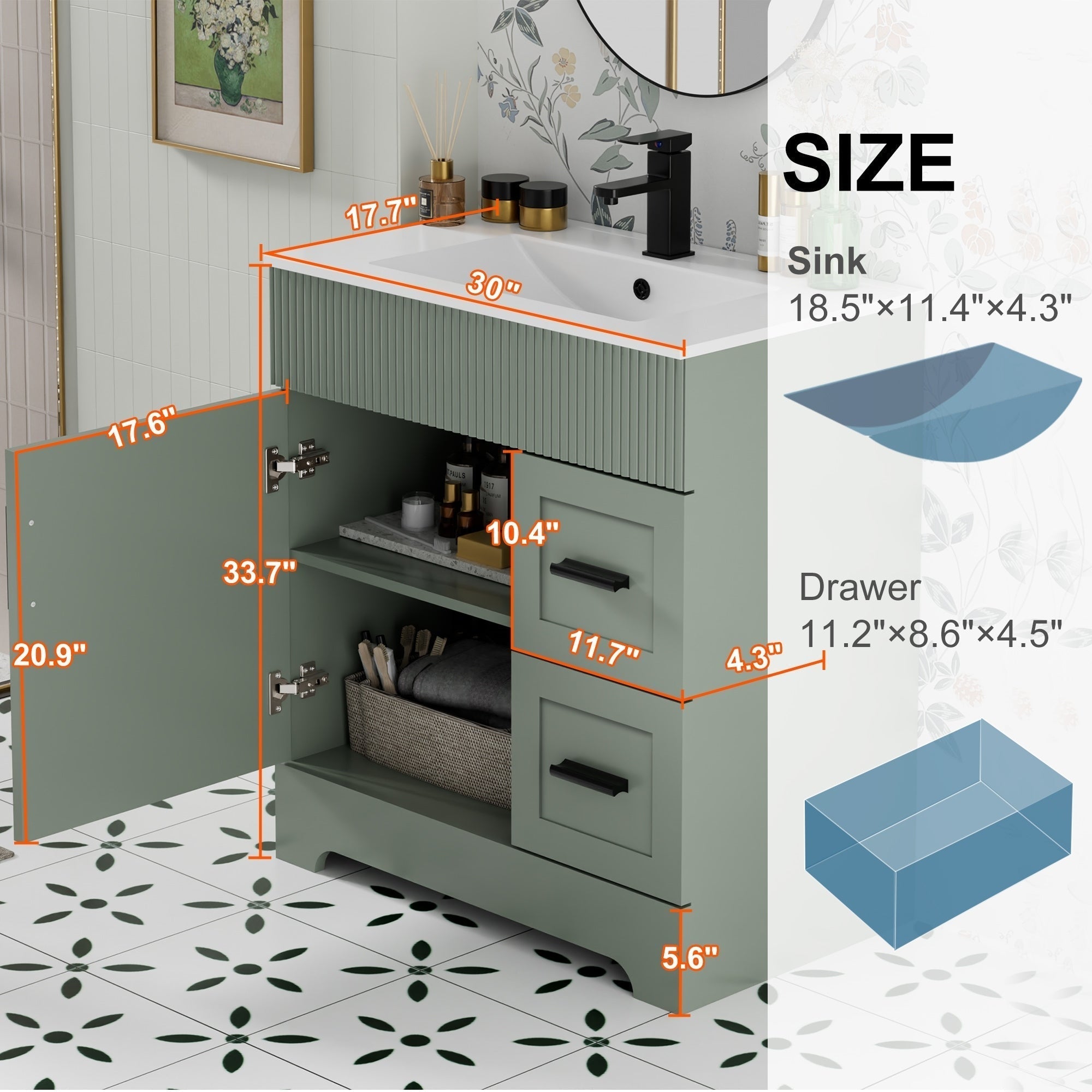 Meuble-lavabo de salle de bain Wavy Line 30/36/48 avec évier et robinet
