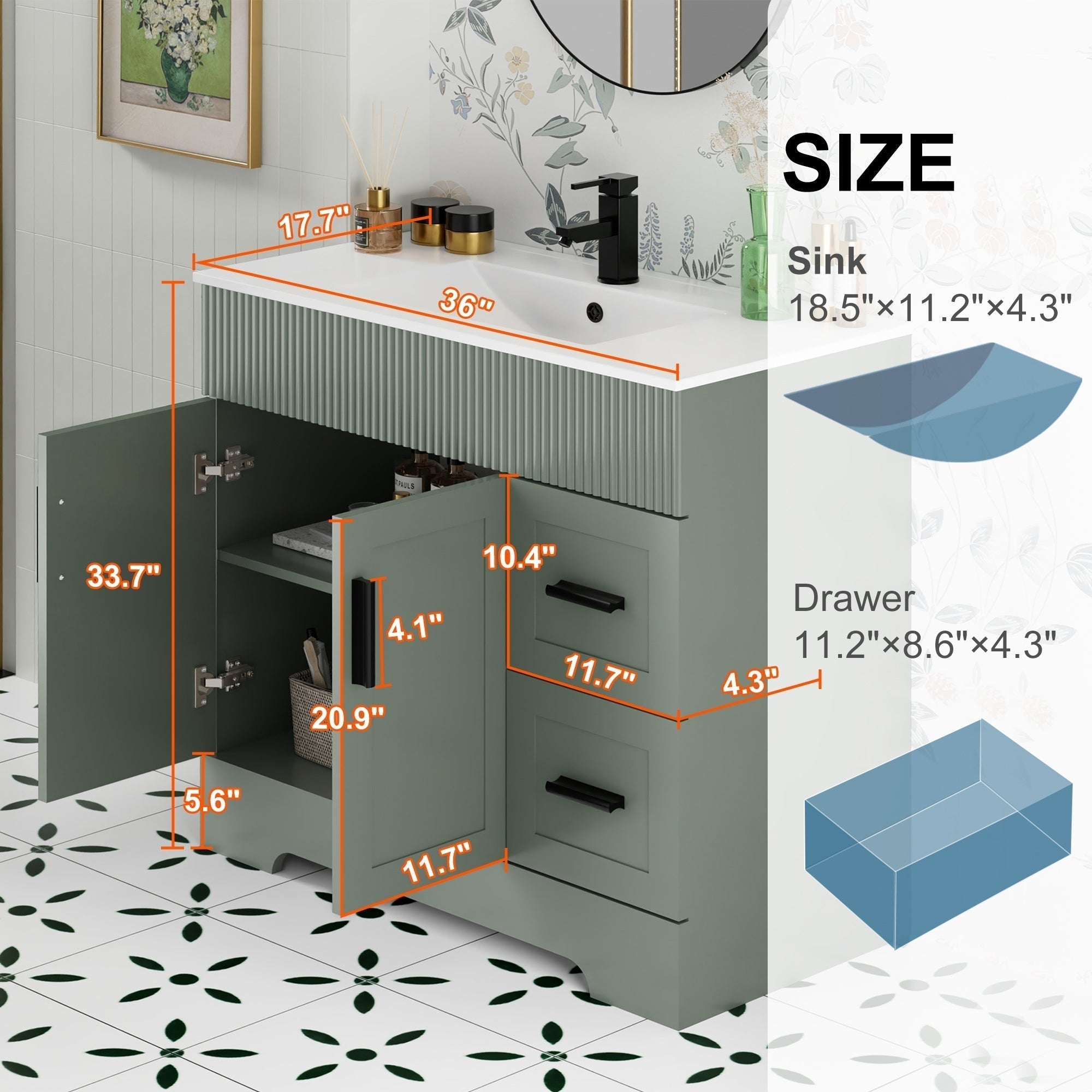 Meuble-lavabo de salle de bain Wavy Line 30/36/48 avec évier et robinet