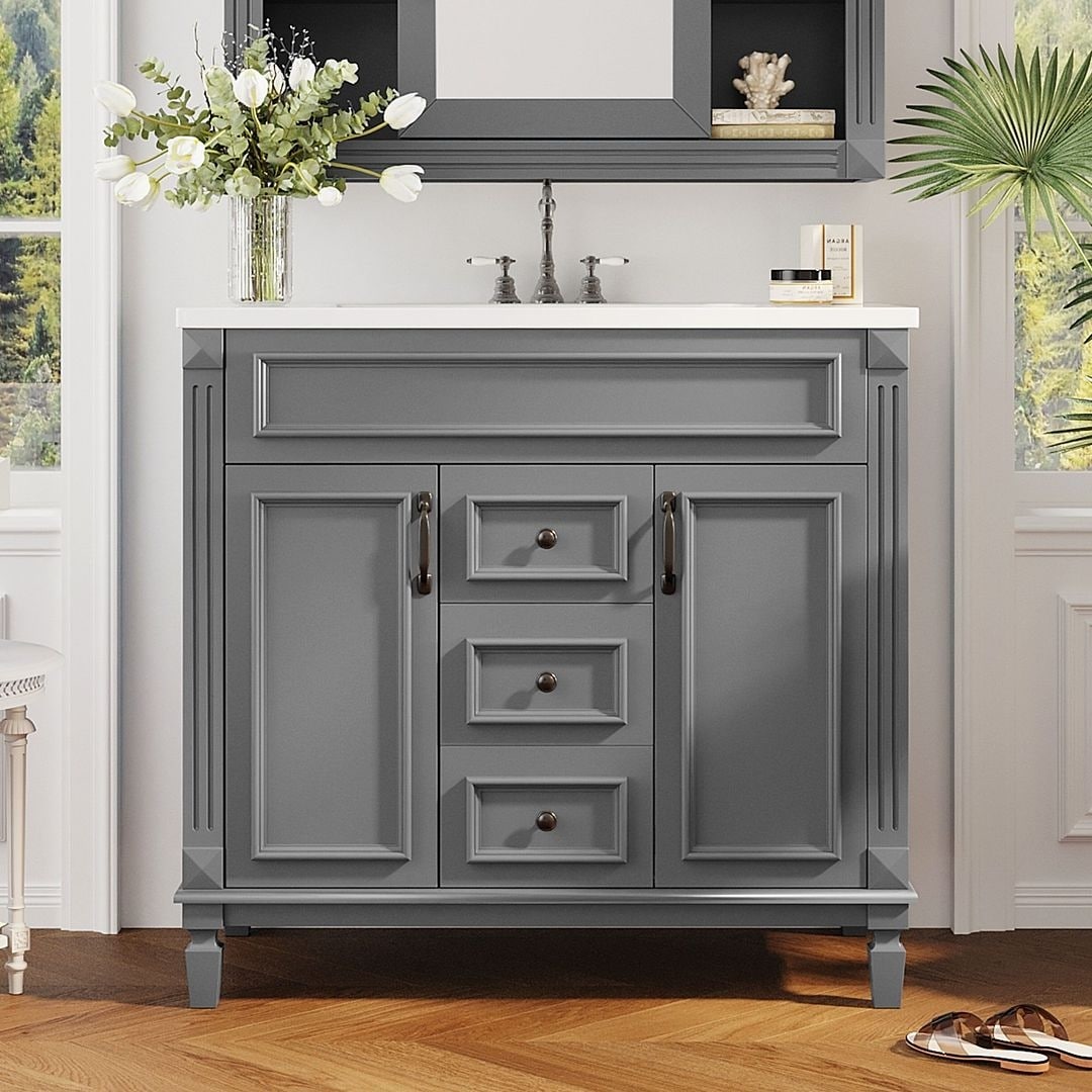 Meuble-lavabo de salle de bain moderne de 91 cm avec lavabo et armoire de toilette, 2 portes et 2 tiroirs
