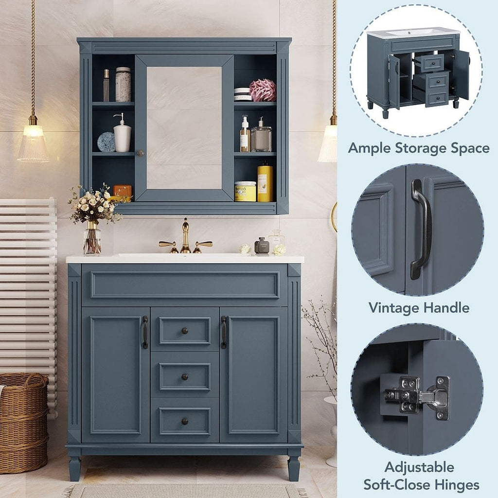 Meuble-lavabo de salle de bain moderne de 91 cm avec lavabo et armoire de toilette, 2 portes et 2 tiroirs