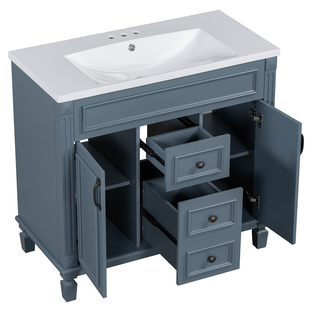 Meuble-lavabo de salle de bain moderne de 91 cm avec lavabo et armoire de toilette, 2 portes et 2 tiroirs