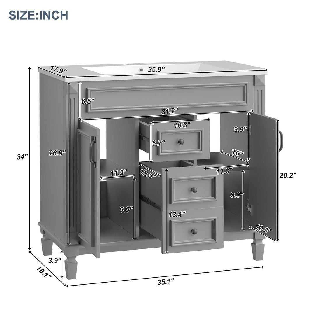 Meuble-lavabo de salle de bain moderne de 91 cm avec lavabo et armoire de toilette, 2 portes et 2 tiroirs