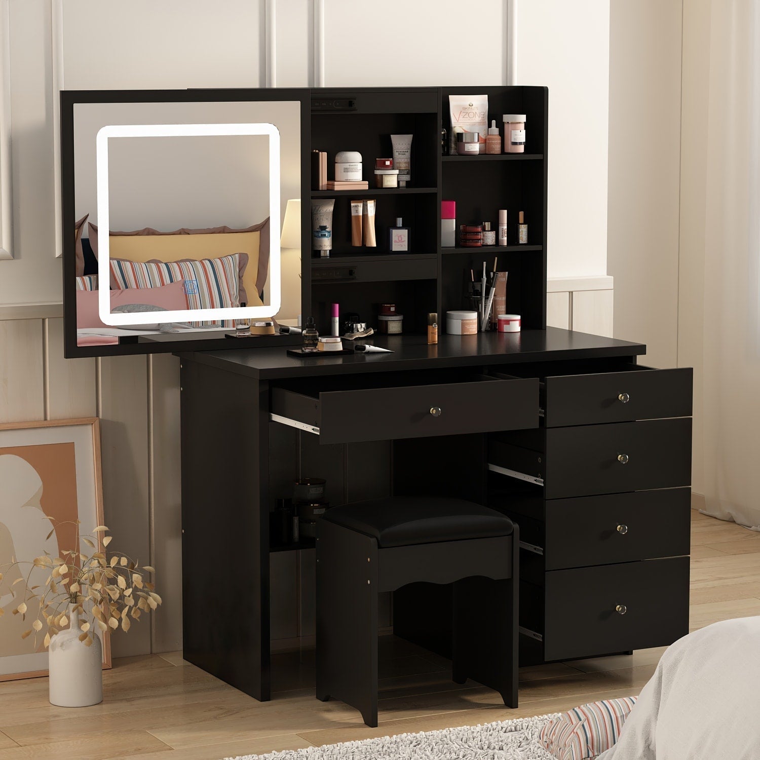 Coiffeuse de 99 cm de large avec tabouret et miroir