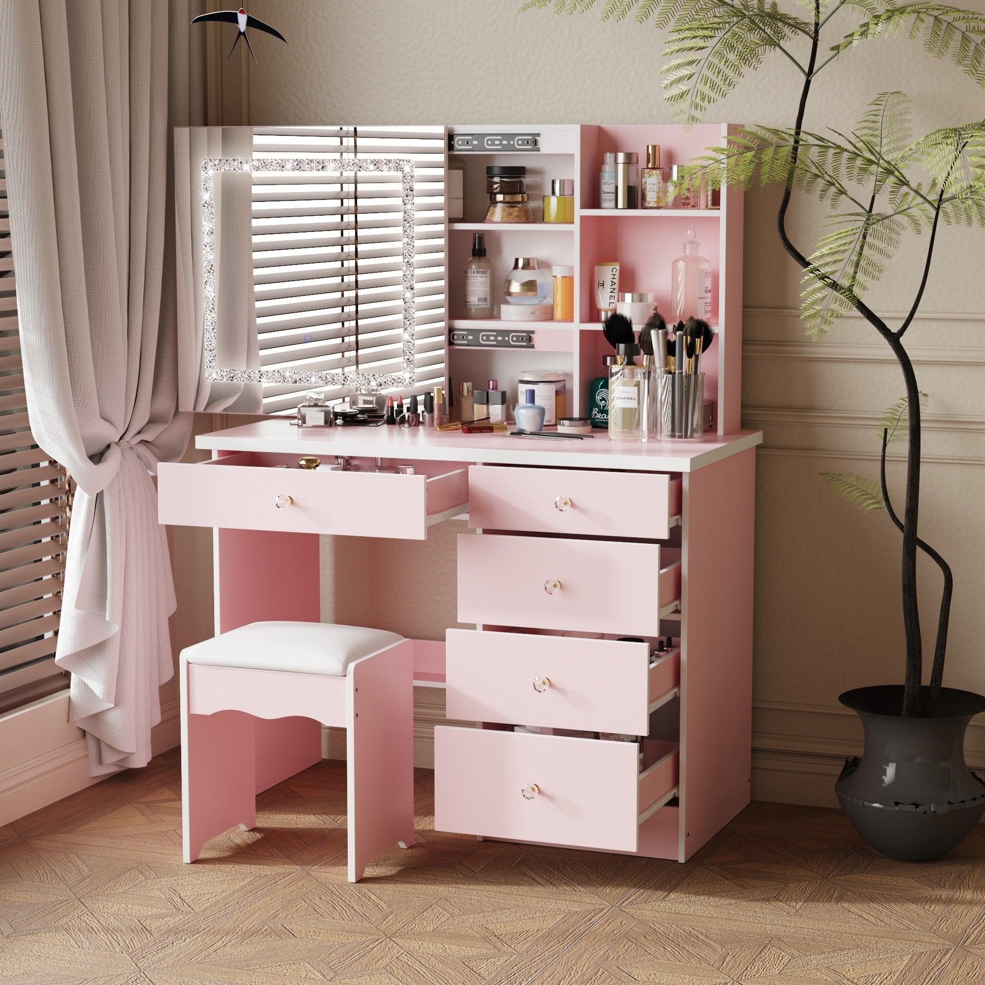 Coiffeuse de 99 cm de large avec tabouret et miroir
