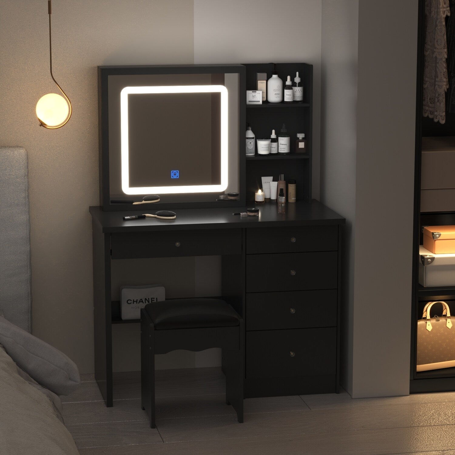Coiffeuse de 99 cm de large avec tabouret et miroir