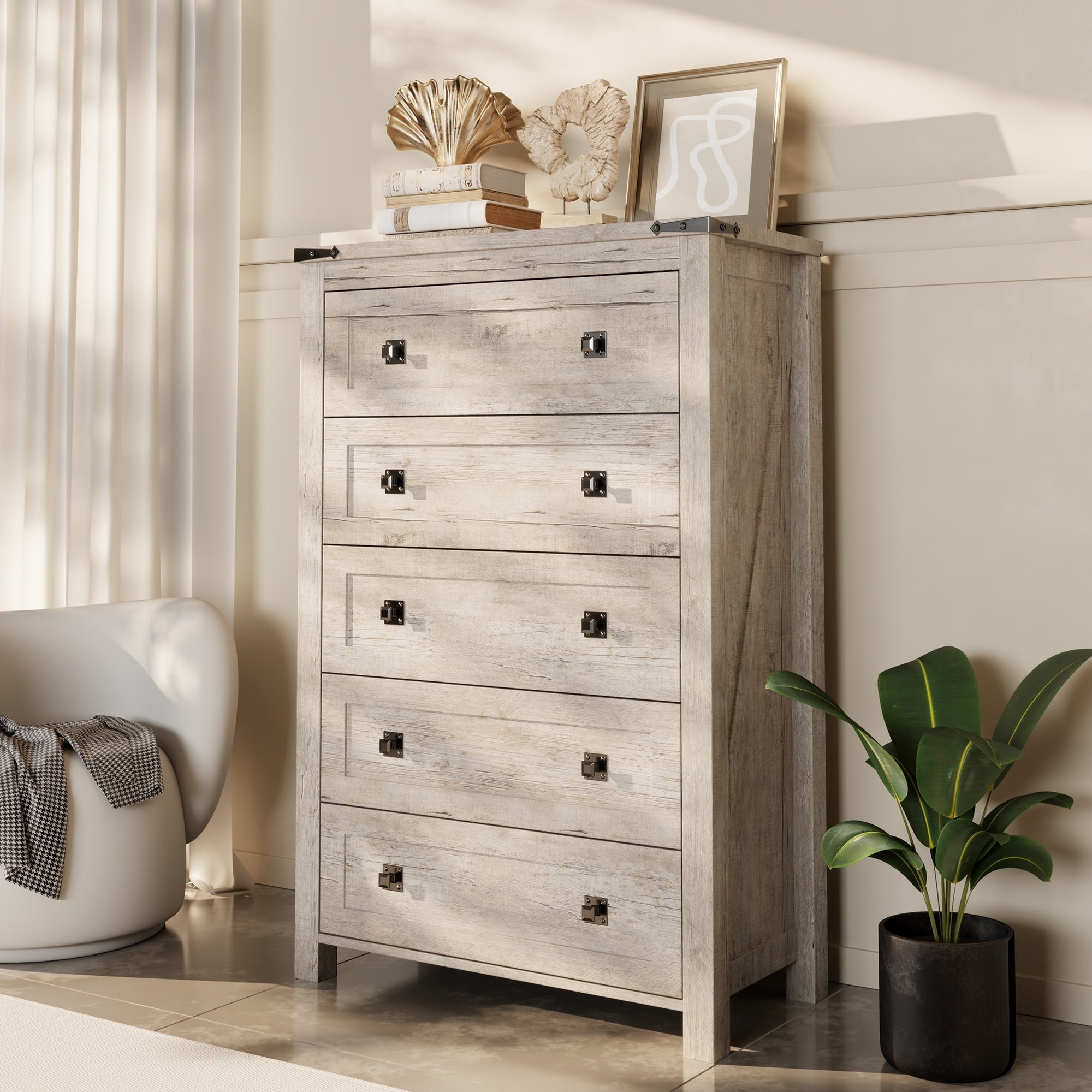 Commode en bois de style campagnard, 5 tiroirs, 122 cm de hauteur, pour chambre à coucher