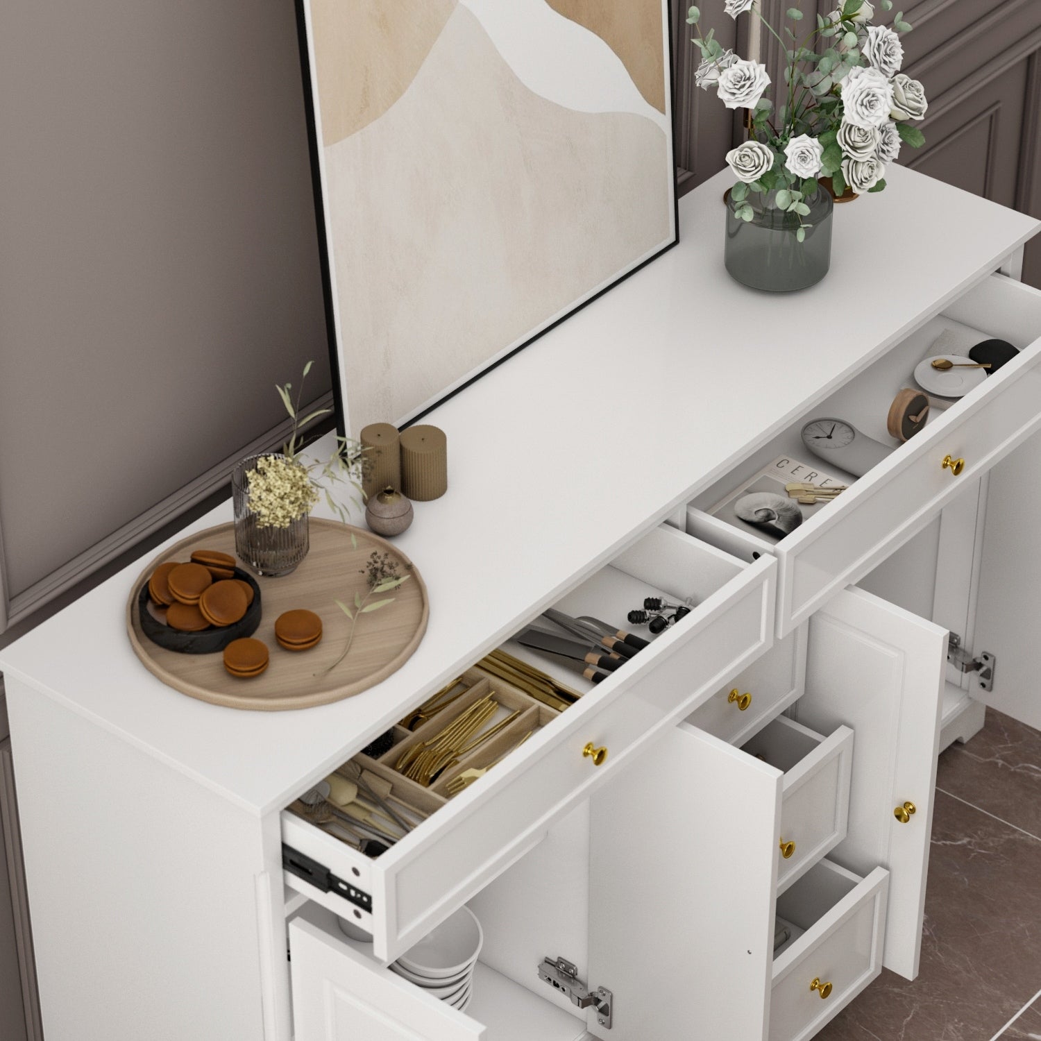 Buffet bahut 150 cm blanc laqué moderne contemporain du milieu du siècle