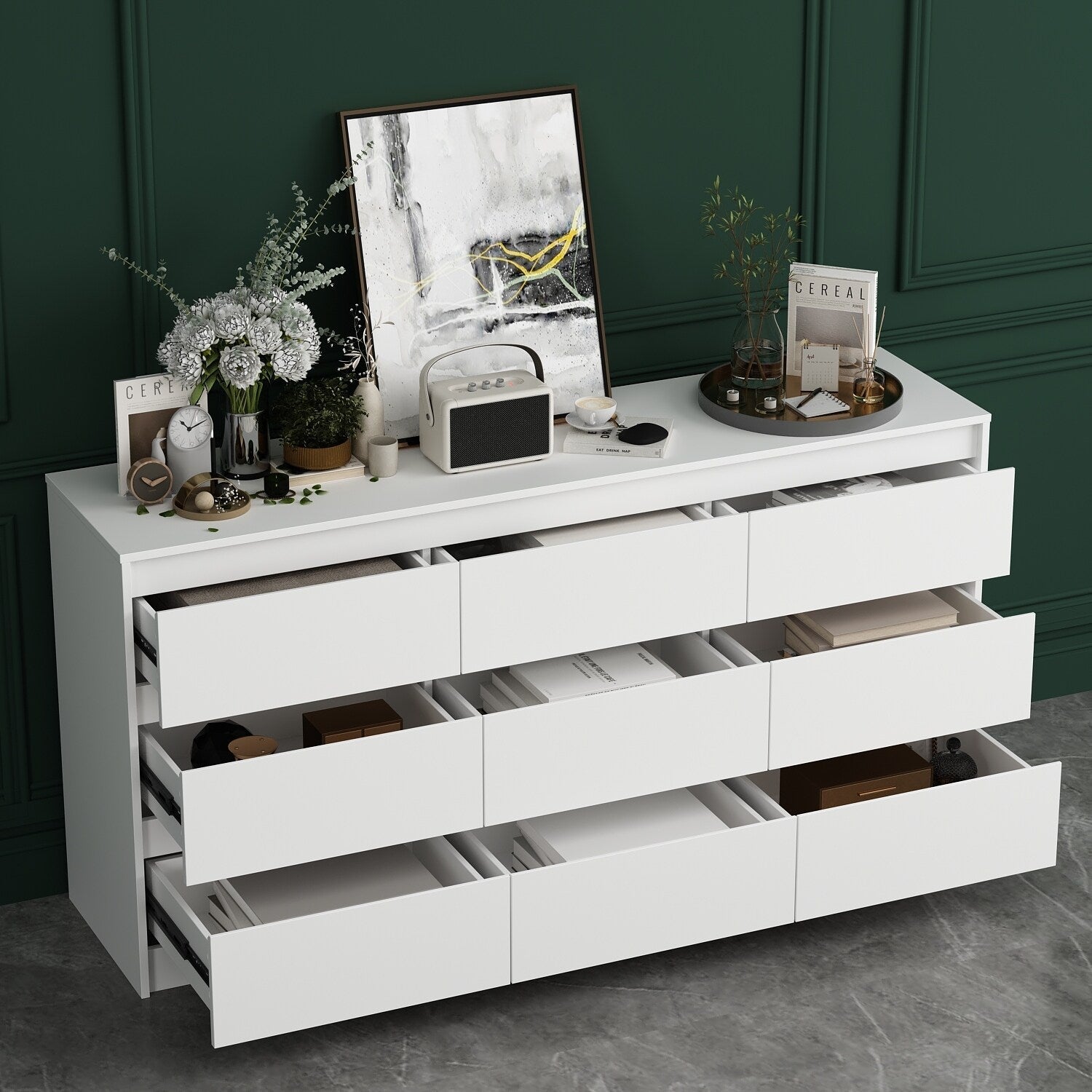 Commode à 9 tiroirs de 63 W, commode d'appoint pour salon, chambre à coucher