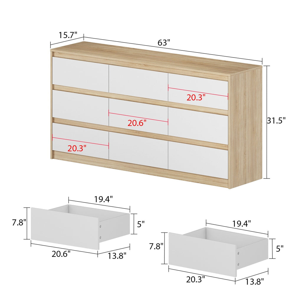 Commode à 9 tiroirs de 63 W, commode d'appoint pour salon, chambre à coucher
