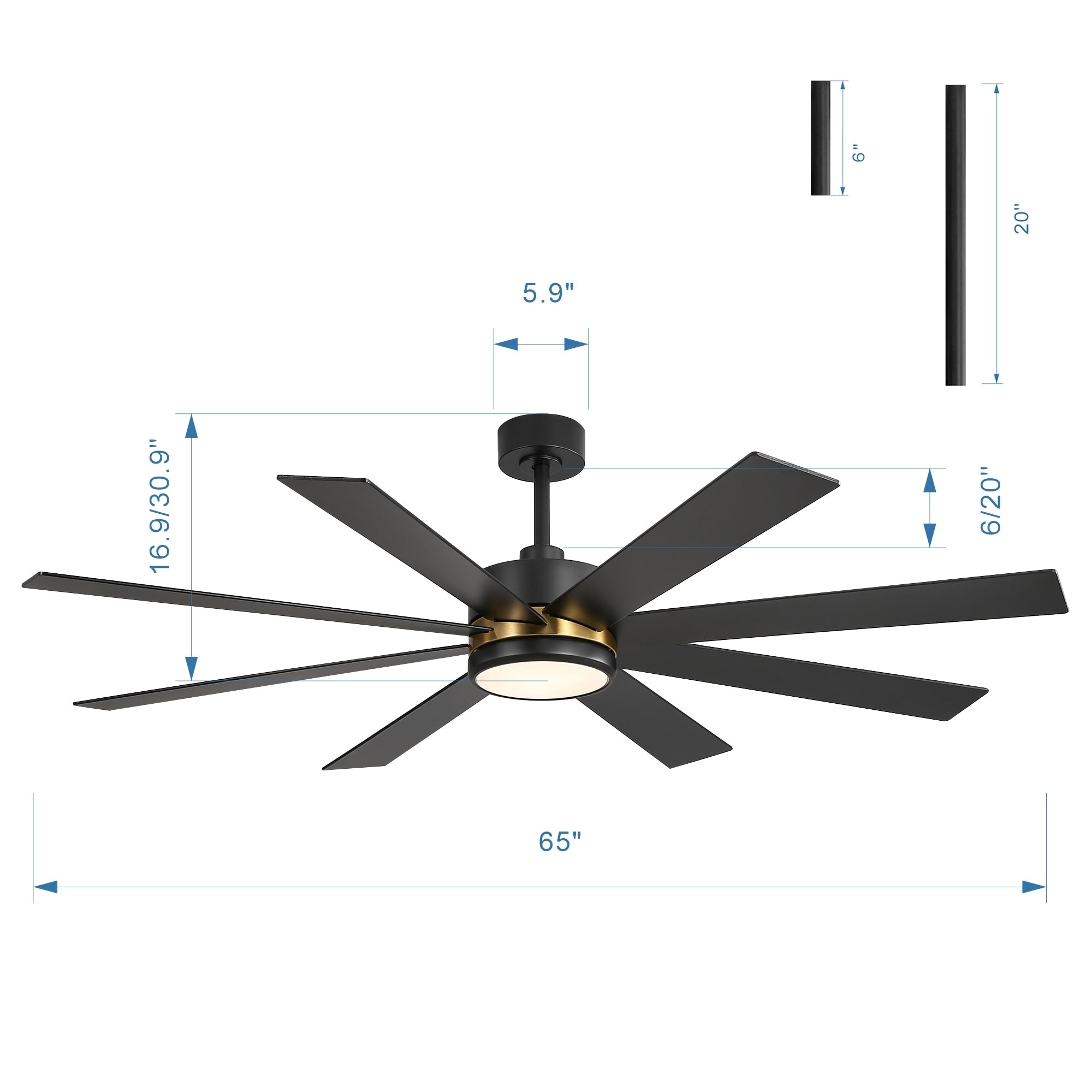Ventilateur de plafond de 65 pouces à 8 pales noires avec lumière LED et télécommande