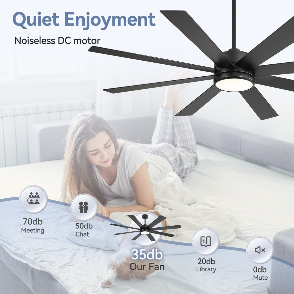 Ventilateur de plafond de 65 pouces à 8 pales noires avec lumière LED et télécommande