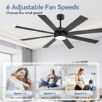 Ventilateur de plafond de 65 pouces à 8 pales noires avec lumière LED et télécommande