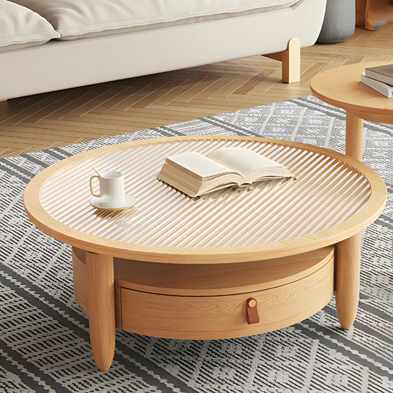 Table basse à tiroirs en bois et verre, marron, ronde et moderne