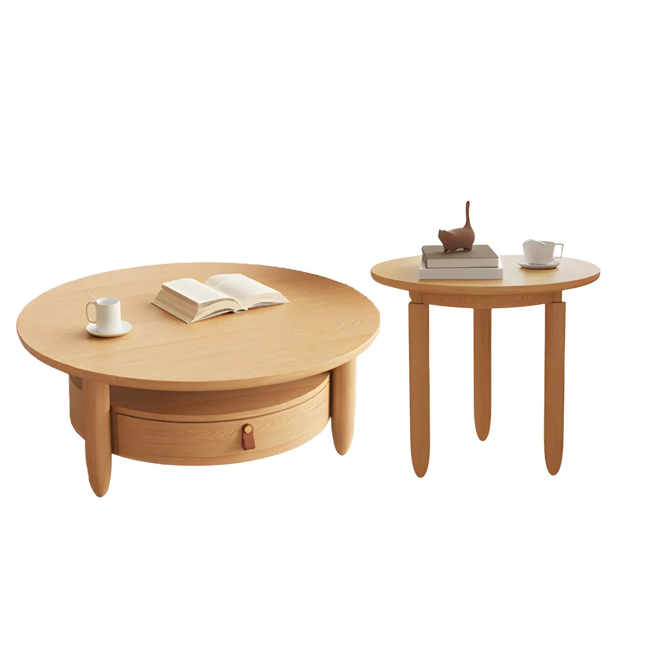 Table basse à tiroirs en bois et verre, marron, ronde et moderne