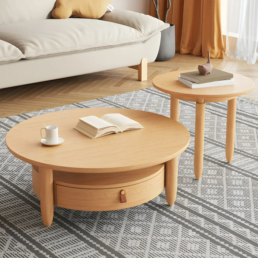 Table basse à tiroirs en bois et verre, marron, ronde et moderne