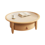 Table basse à tiroirs en bois et verre, marron, ronde et moderne