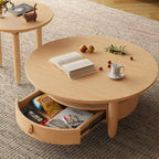 Table basse à tiroirs en bois et verre, marron, ronde et moderne