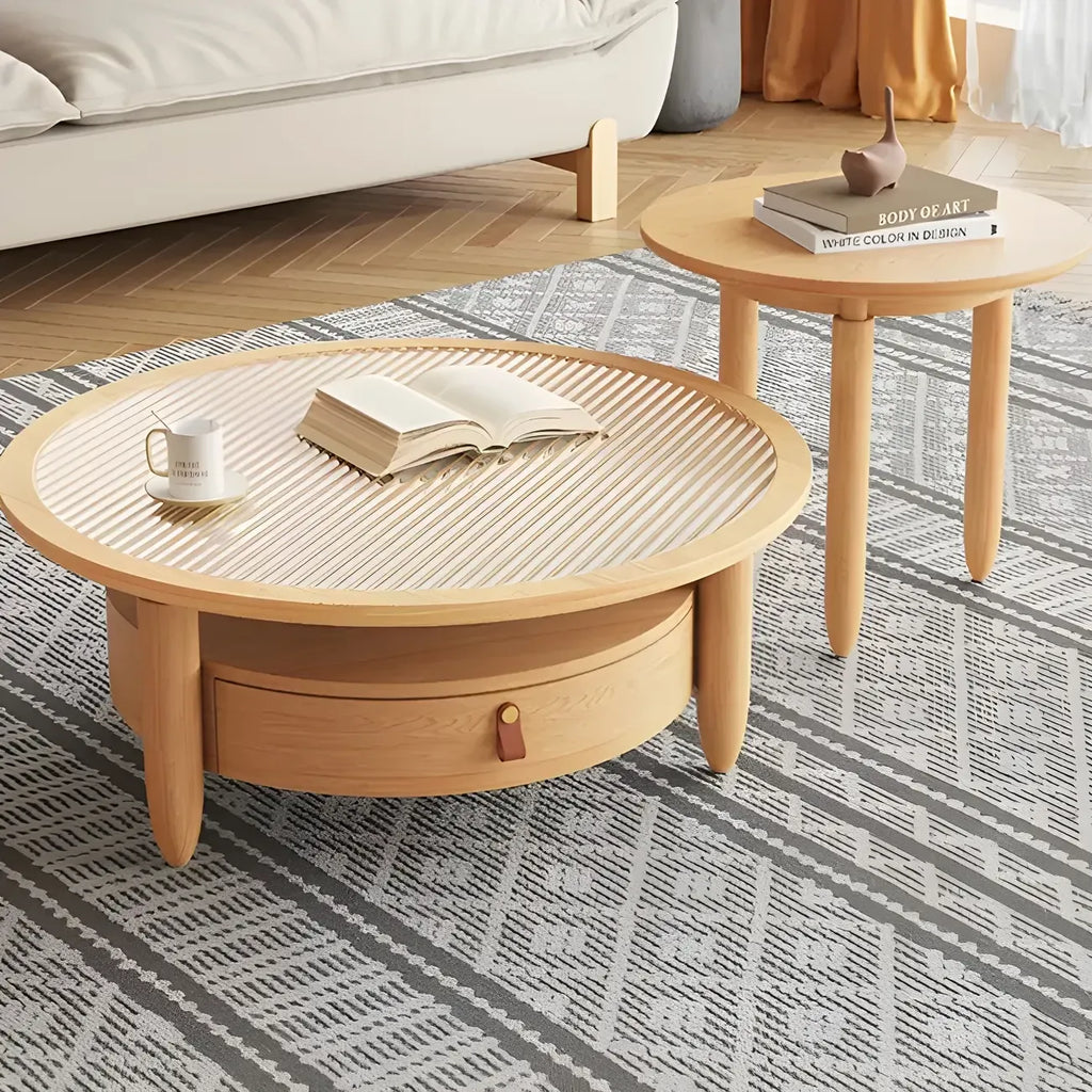 Table basse à tiroirs en bois et verre, marron, ronde et moderne