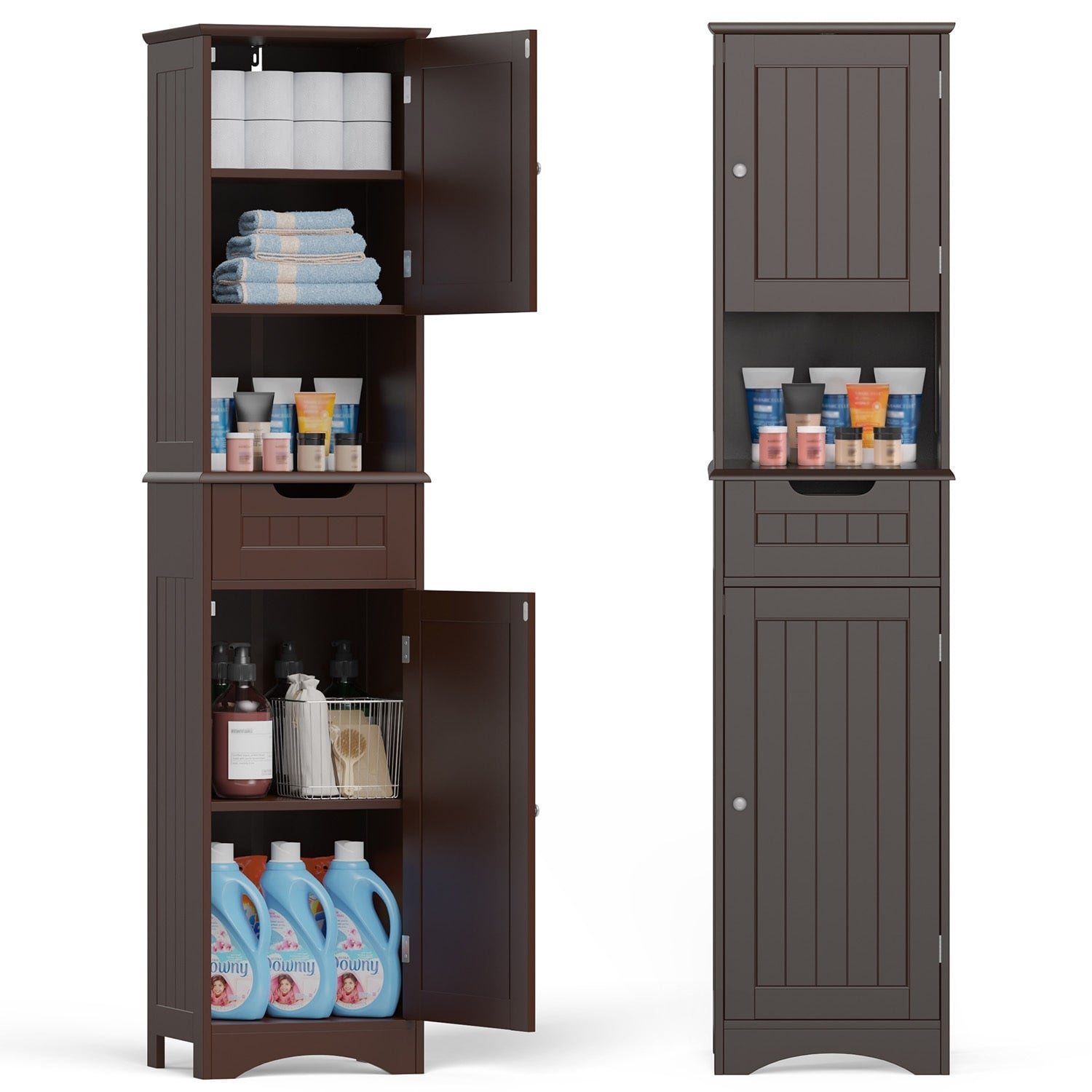 Meuble de rangement haut de salle de bain étroit de 170 cm, armoire autoportante en bois massif à 5 niveaux