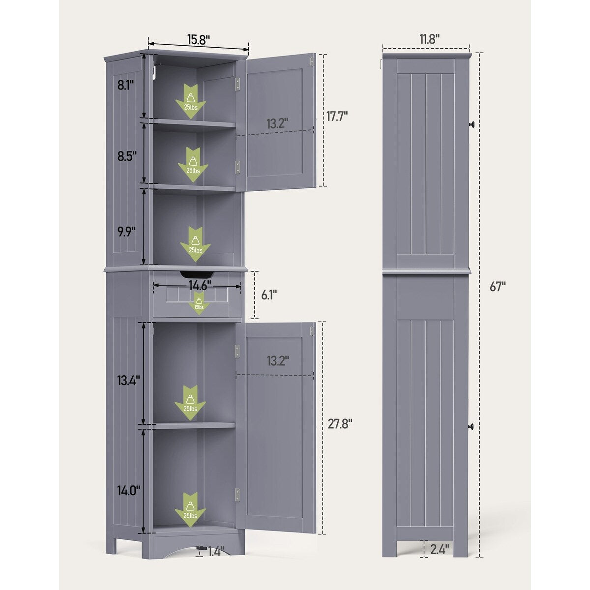 Meuble de rangement haut de salle de bain étroit de 170 cm, armoire autoportante en bois massif à 5 niveaux