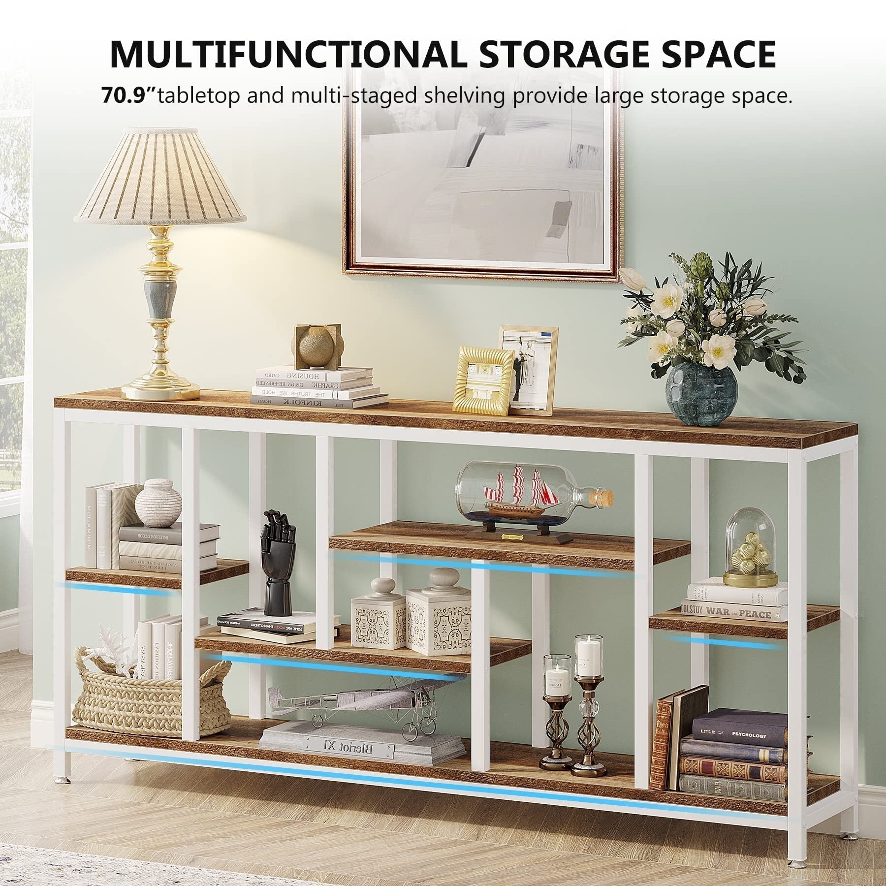 Console extensible de 70,9 pouces avec rangement, table d'entrée à 3 niveaux pour couloir