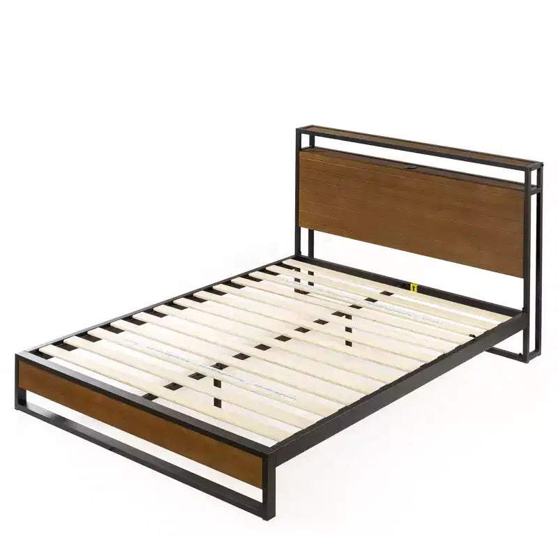 Suzanne Metal and Bamboo Platform Bed Frame with Headboard Shelf Brown - Zinus