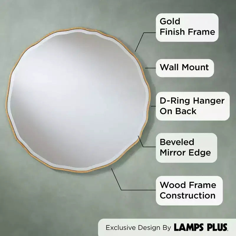 Noble Park Lissa Miroir mural décoratif rond avec bord biseauté moderne Cadre en bois doré ondulé de 80 cm de large pour salle de bain, chambre, salon, maison