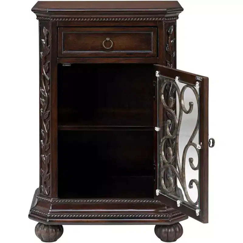 Table d'appoint en bois de cerisier rustique Kensington Hill 22 1/2 x 14 1/2 avec rangement et tiroir, porte vitrée pour salon, chambre à coucher, chevet