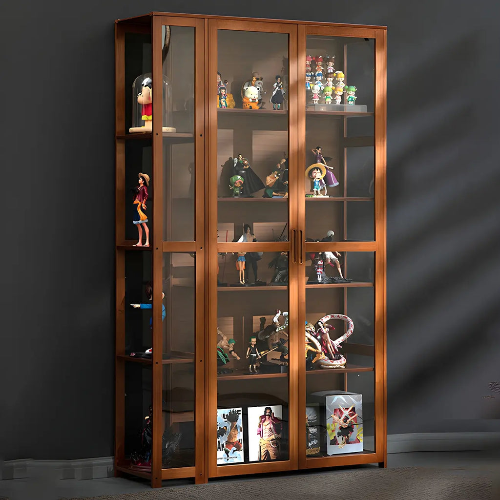 Vitrine de présentation ouverte en bambou et verre, 7 étagères, couleur beige