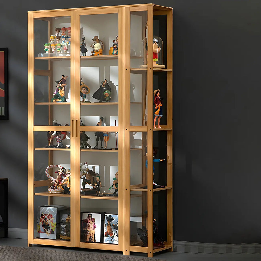 Vitrine de présentation ouverte en bambou et verre, 7 étagères, couleur beige