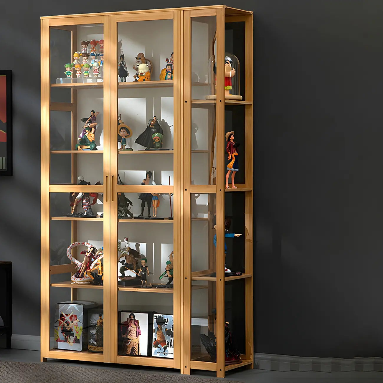 Vitrine de présentation ouverte en bambou et verre, 7 étagères, couleur beige