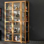 Vitrine de présentation ouverte en bambou et verre, 7 étagères, couleur beige
