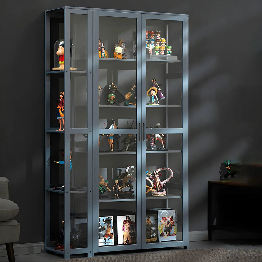 Vitrine de présentation ouverte en bambou et verre, 7 étagères, couleur beige