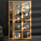 Vitrine de présentation ouverte en bambou et verre, 7 étagères, couleur beige