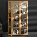 Vitrine de présentation ouverte en bambou et verre, 7 étagères, couleur beige