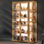 Vitrine de présentation ouverte en bambou et verre, 7 étagères, couleur beige