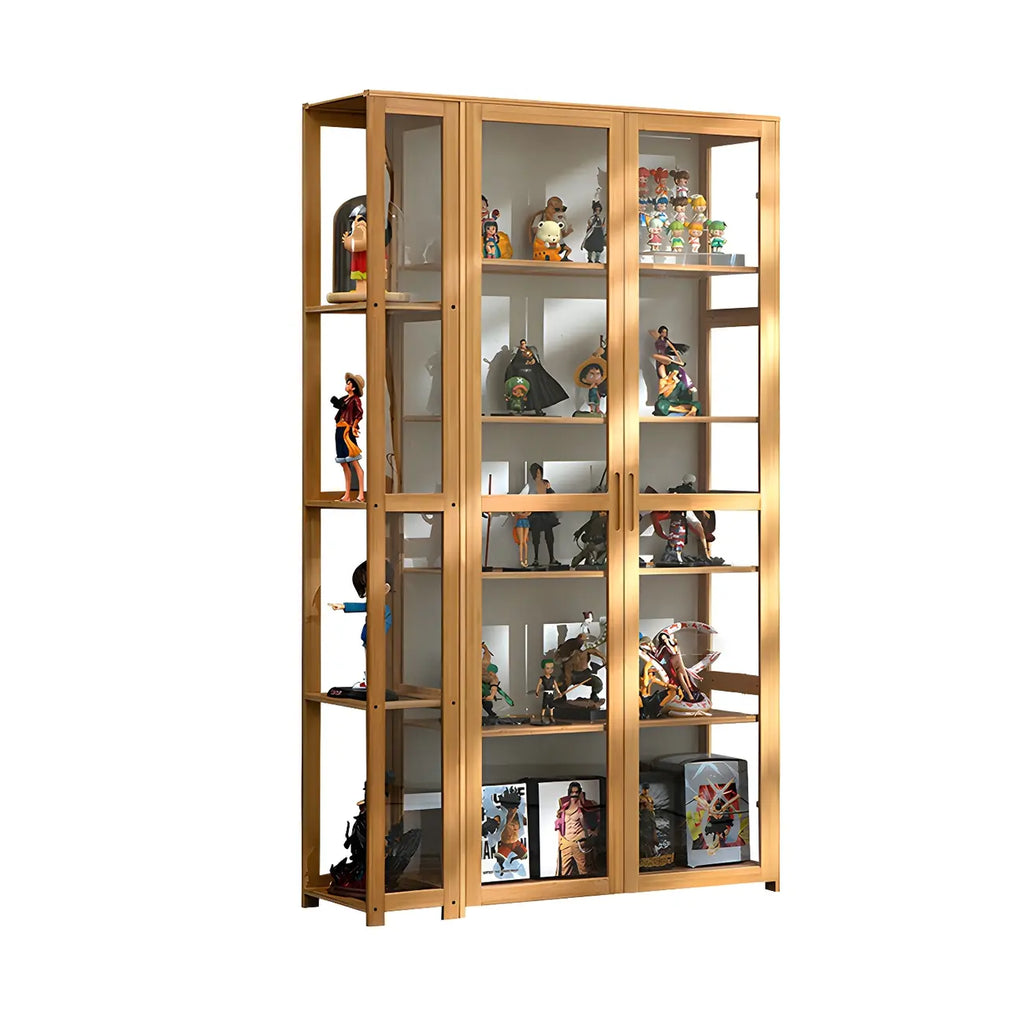 Vitrine de présentation ouverte en bambou et verre, 7 étagères, couleur beige