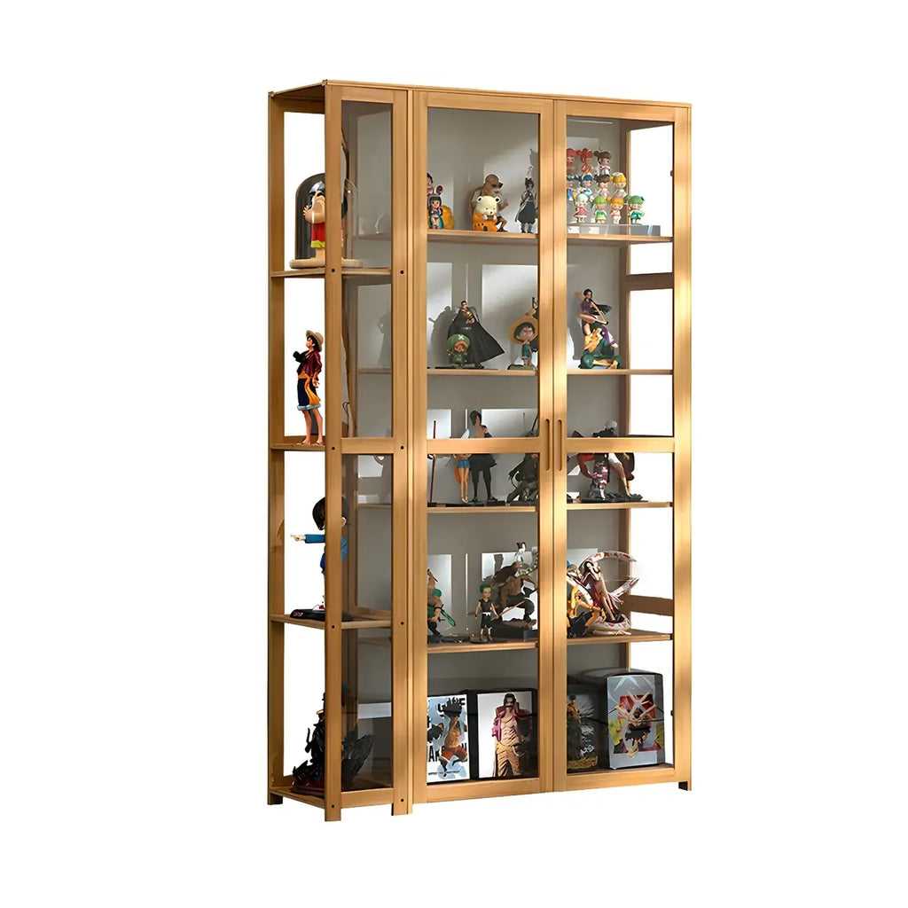 Vitrine de présentation ouverte en bambou et verre, 7 étagères, couleur beige