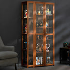 Vitrine de présentation ouverte en bambou et verre, 7 étagères, couleur beige
