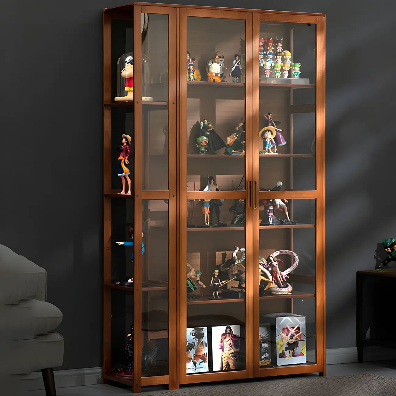 Vitrine de présentation ouverte en bambou et verre, 7 étagères, couleur beige